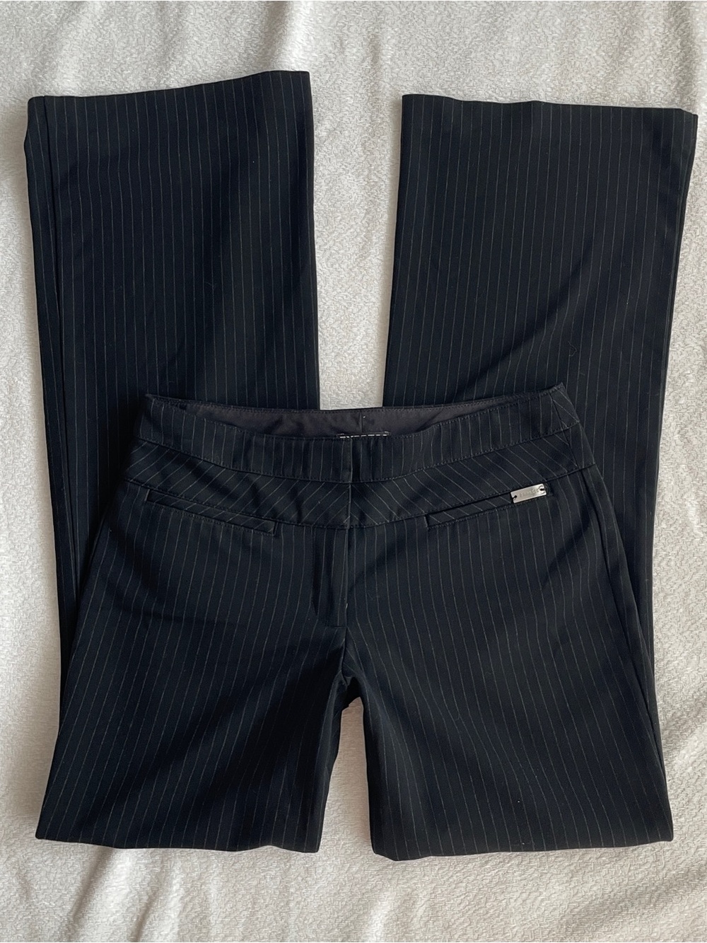 Express Bootcut Trousers Women 4 Black Pinstripe Mid Rise Office Siren Indie Y2K